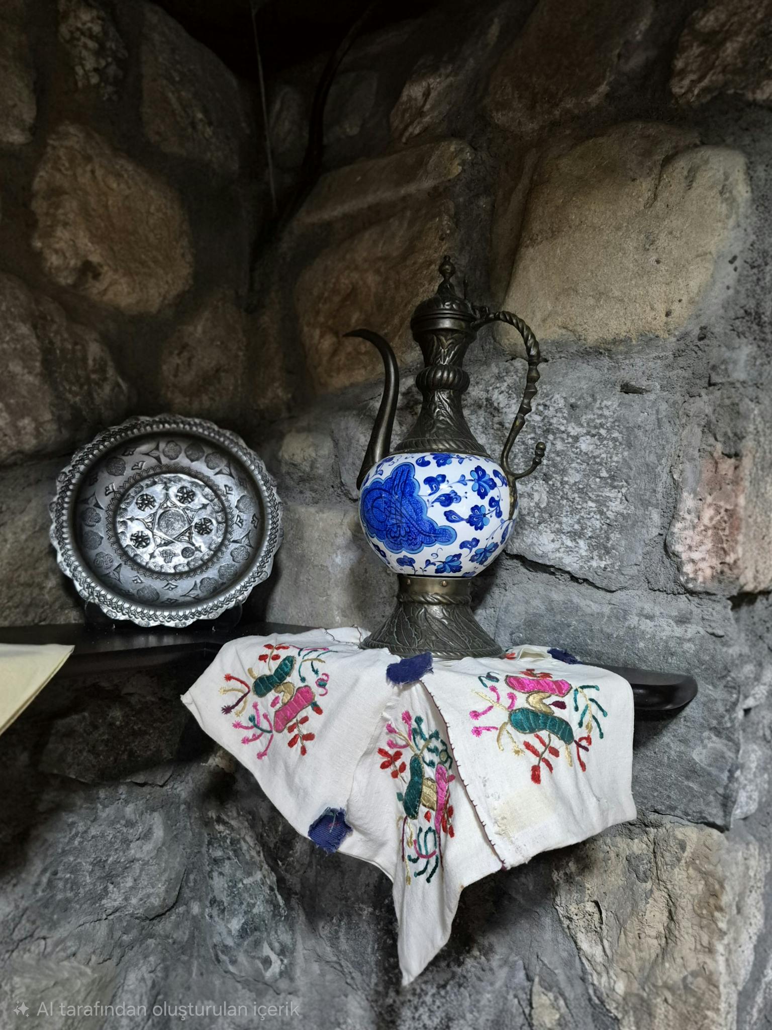 Antique metal pitcher with intricate designs on a stone wall shelf.
