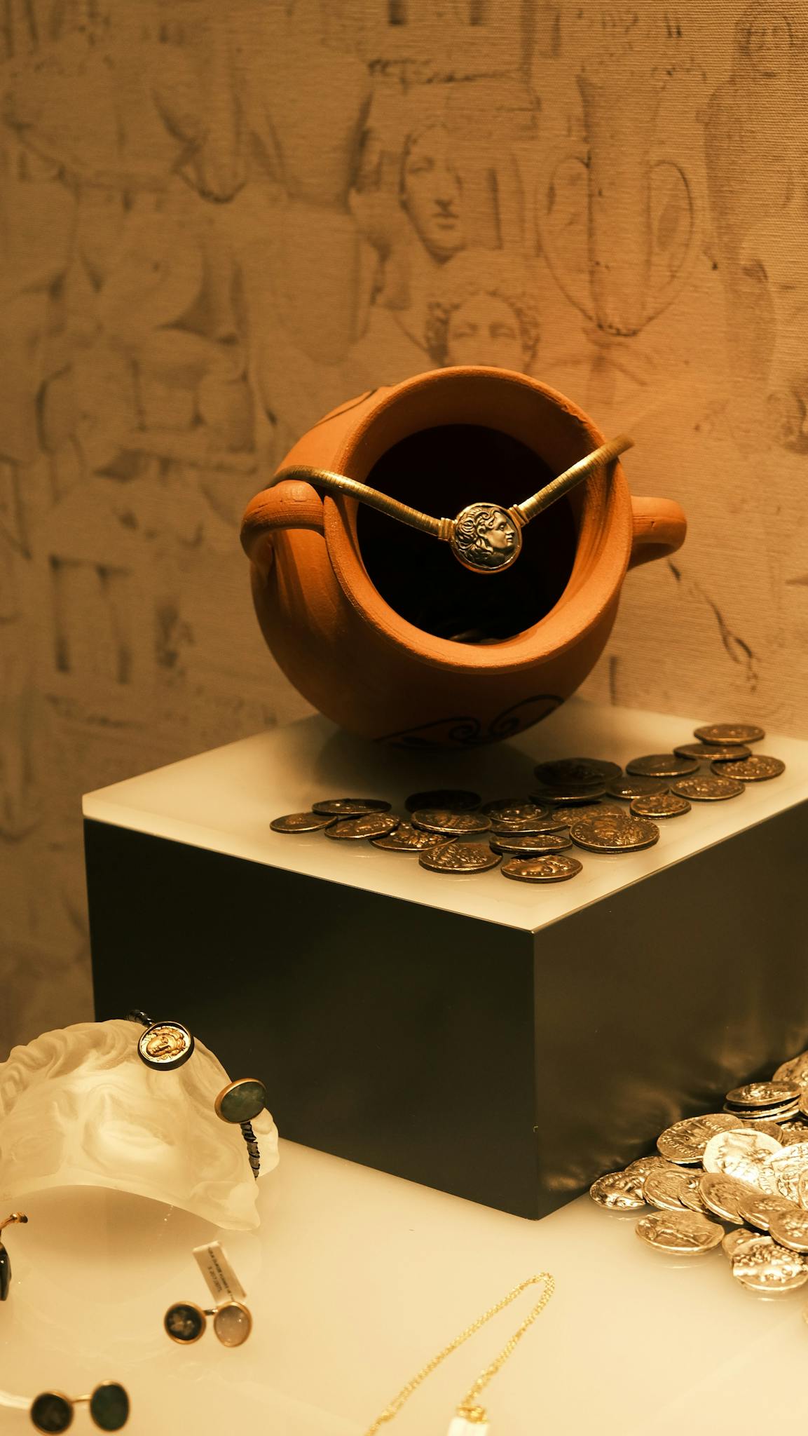 Showcase of ancient coins spilling from a vase, highlighting antique treasures.